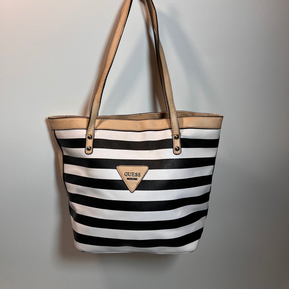 Guess Black White Stripe Tote Bag Beige Trim Interior Leopard Print